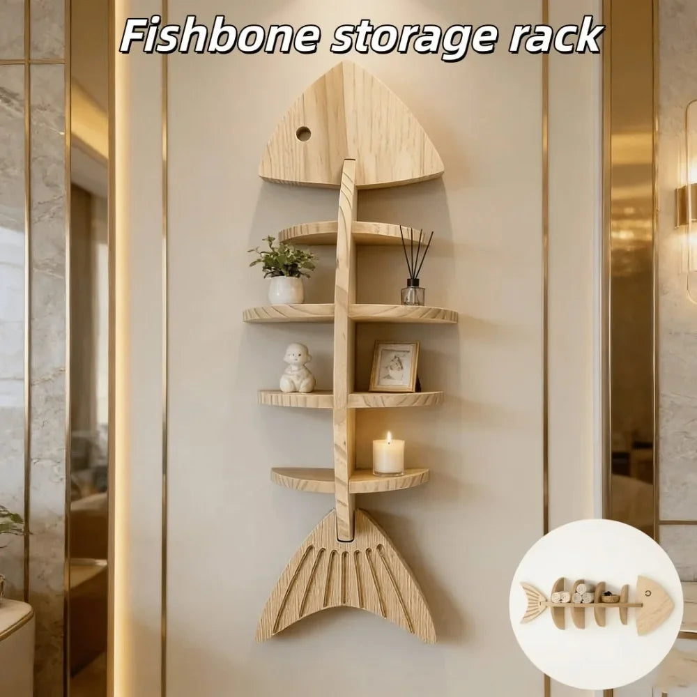 1pcs Creative Wooden Fishbone Wall Storage Shelf, Multilayer Stylish Home Decor Rack, Bathroom Storage Shelf (Vertical/Horizonta