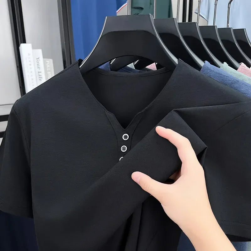 New Men's Casual and Fashionable Three Button V-neck Solid Color Short Sleeved T-shirt Summer Versatile Top