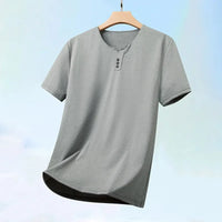 2025 New Men's Business Casual Three Button V-neck Short Sleeved T-shirt Korean Style Summer Comfortable Versatile Top