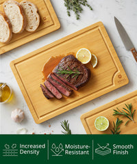 Wooden Cutting Boards for Kitchen Meal Prep & Serving - Bamboo Wood Serving Board Set with Deep Juice Groove Side Handles - Charcuterie & Chopping Butcher Block for Meat